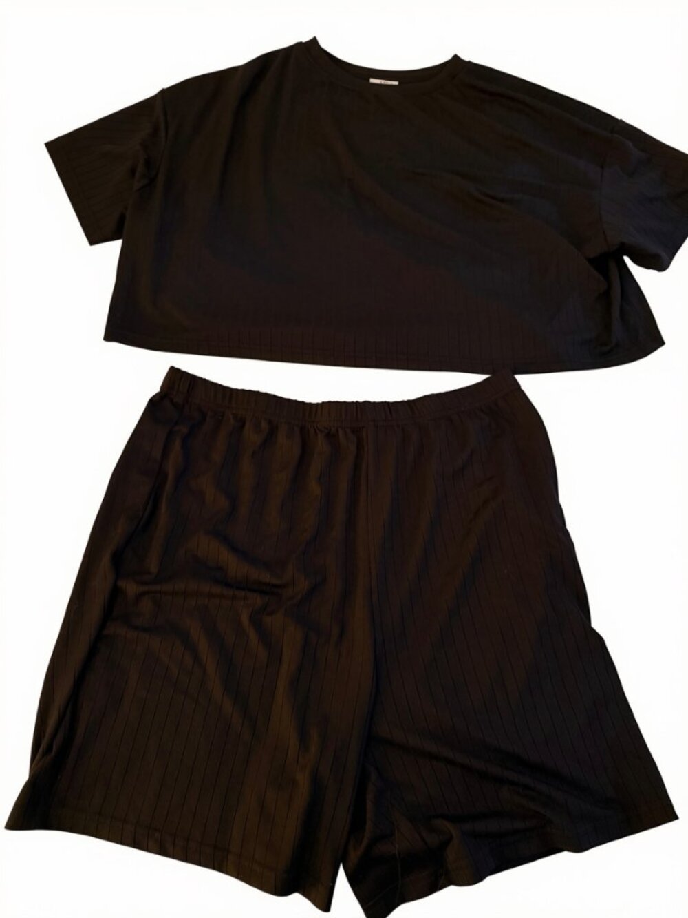two-piece short sleeve crop top and biker shorts